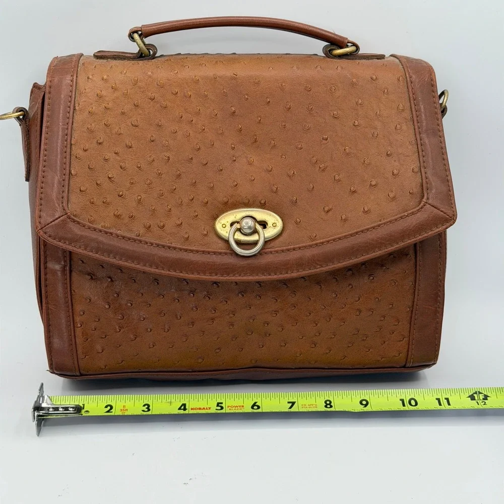 Vintage Carlo Calucci Ostrich Embossed Satchel Bag Brown Turn Lock Flap Brass